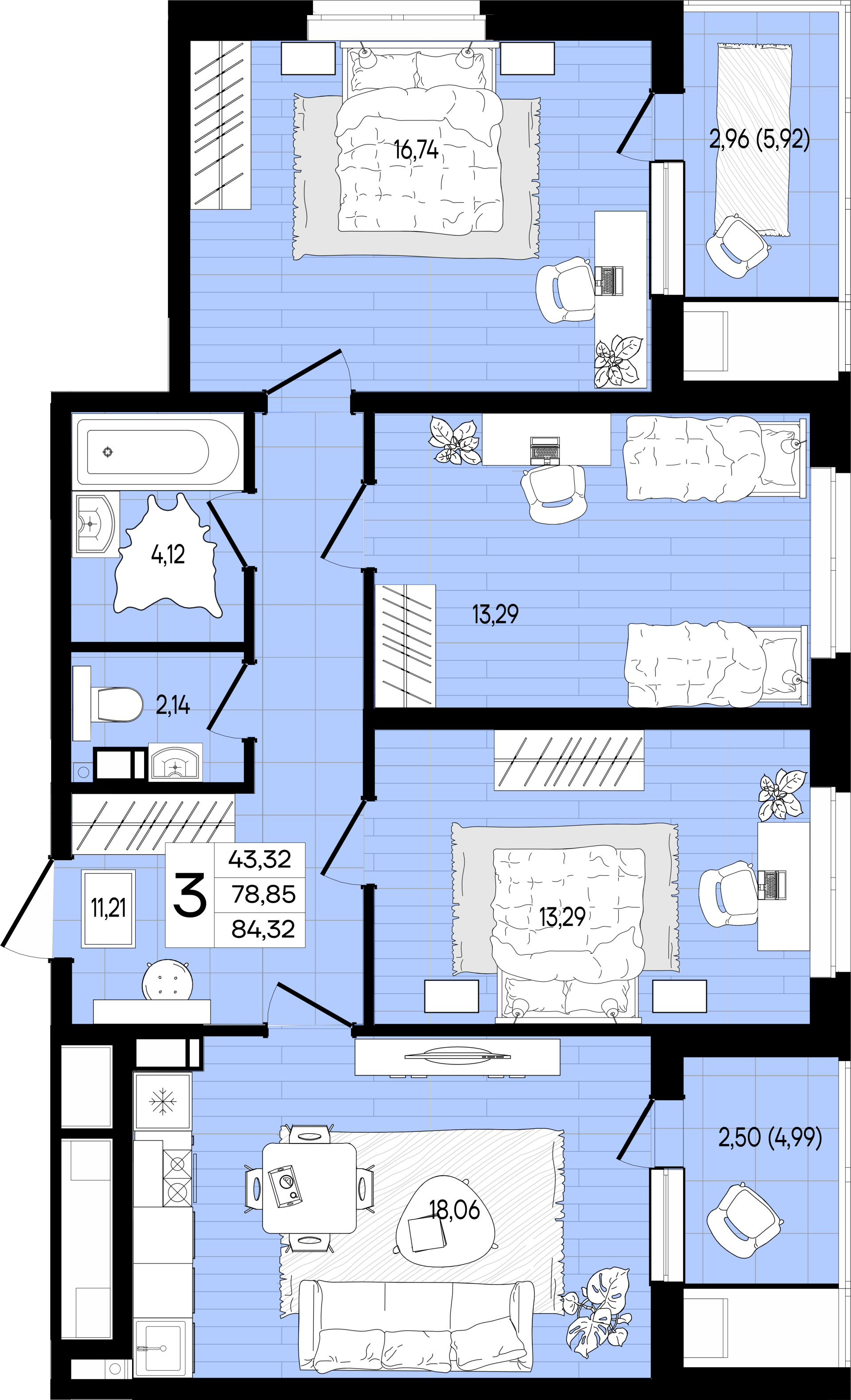 Квартира этаж 7, площадь 84.32 м2