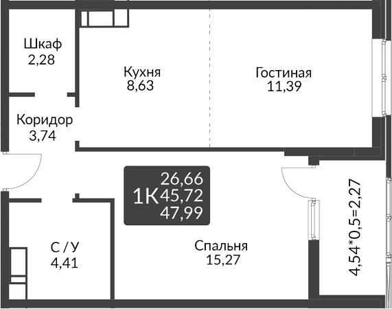 Планировка: 2-комн. квартира 48 м²