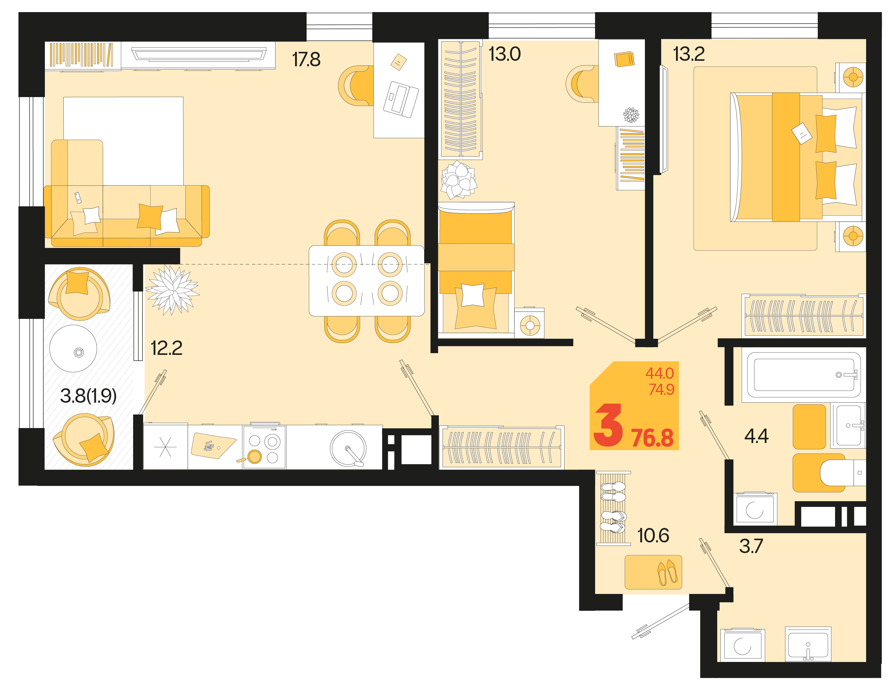 Квартира этаж 11, площадь 76.80 м2