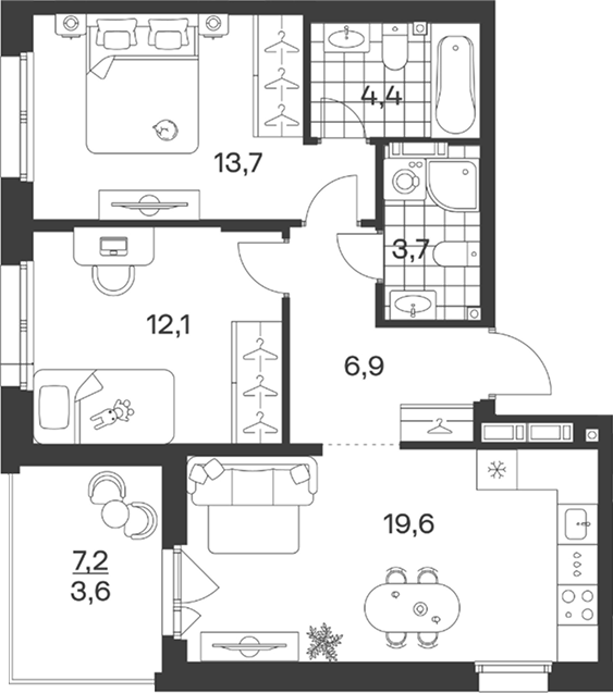 Планировка: 2-комн. квартира 64 м²
