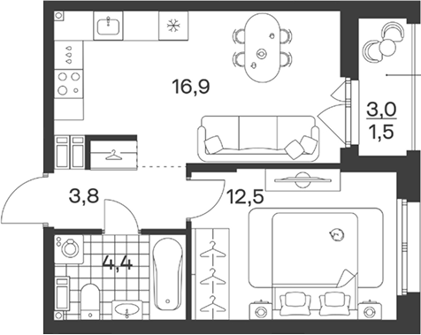Планировка: 1-комн. квартира 39,1 м²