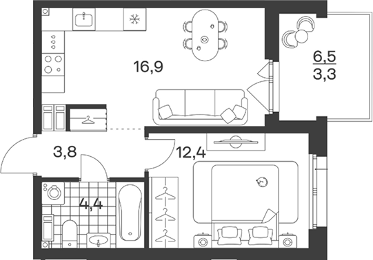 Планировка: 1-комн. квартира 40,8 м²