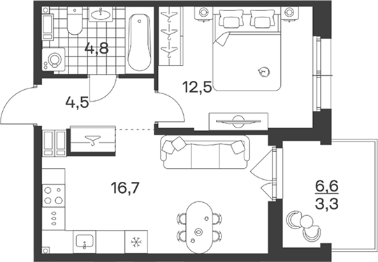 Планировка: 1-комн. квартира 41,8 м²