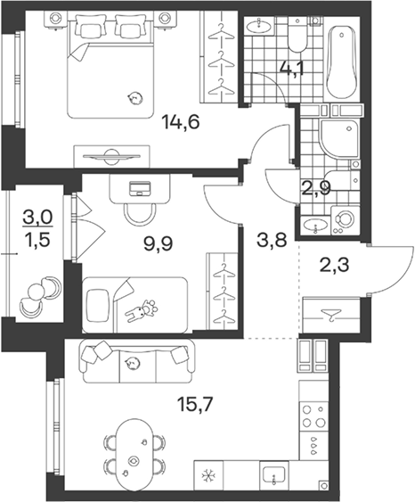 Планировка: 2-комн. квартира 54,8 м²