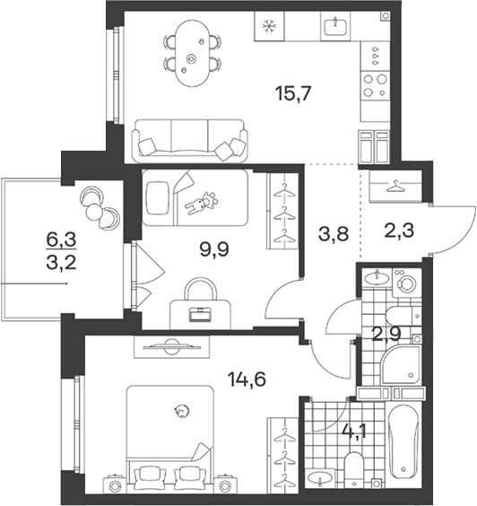 Планировка: 2-комн. квартира 56,5 м²