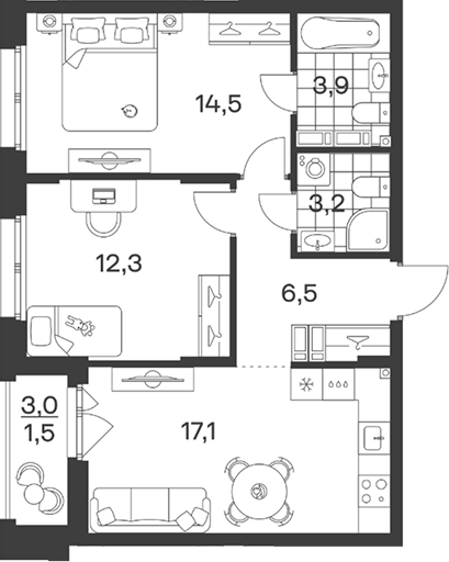 Планировка: 2-комн. квартира 59 м²