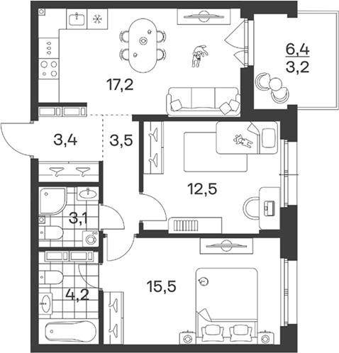 Планировка: 2-комн. квартира 62,6 м²