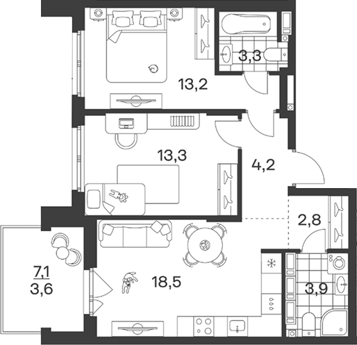 Планировка: 2-комн. квартира 62,8 м²