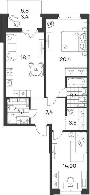 Планировка: 2-комн. квартира 76,6 м²