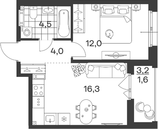 Планировка: 1-комн. квартира 38,4 м²