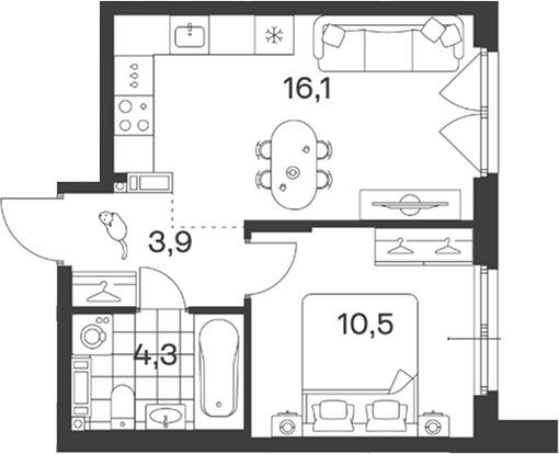 Планировка: 1-комн. квартира 34,8 м²
