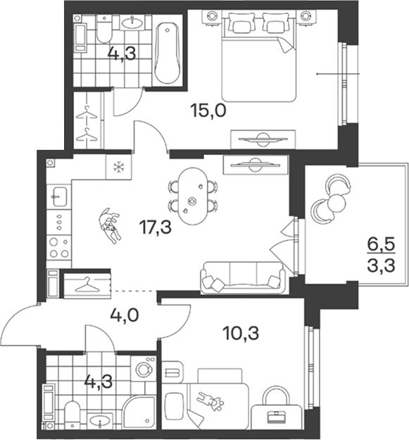Планировка: 2-комн. квартира 58,5 м²