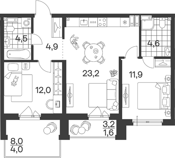 Планировка: 2-комн. квартира 66,7 м²