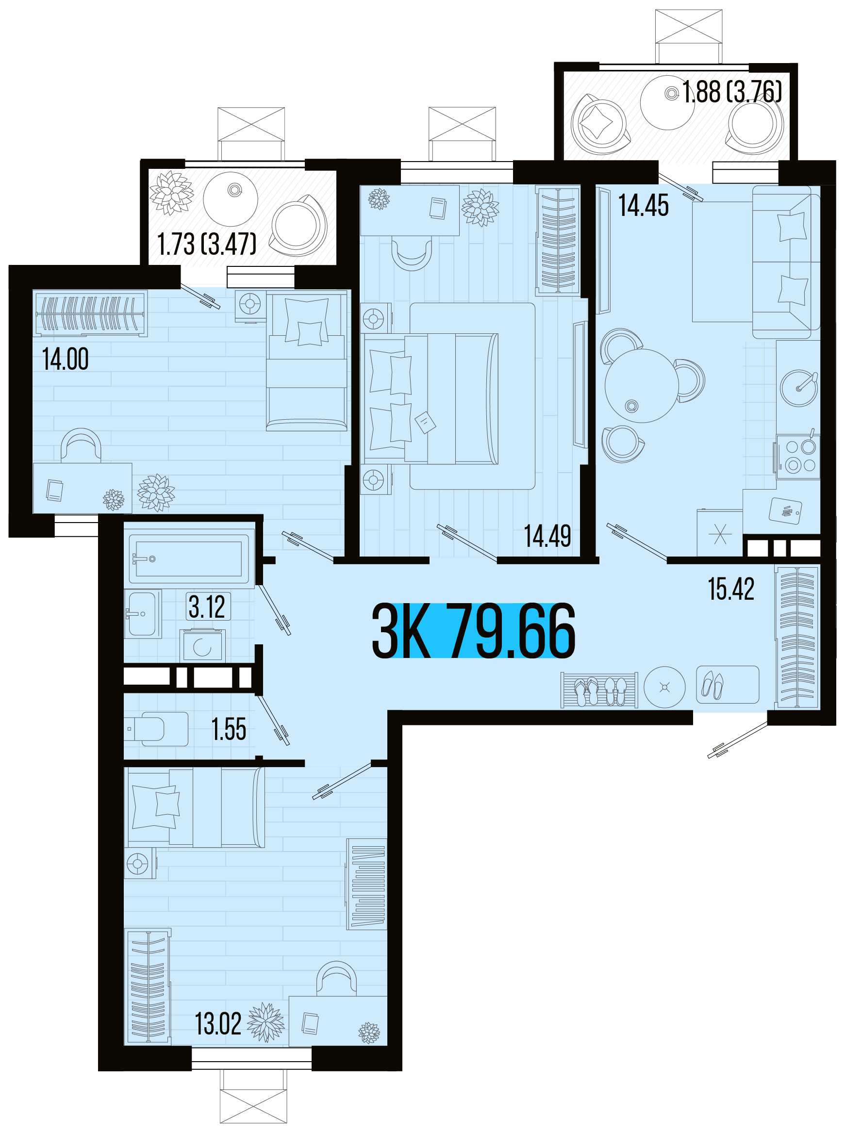 Квартира этаж 4, площадь 79.66 м2