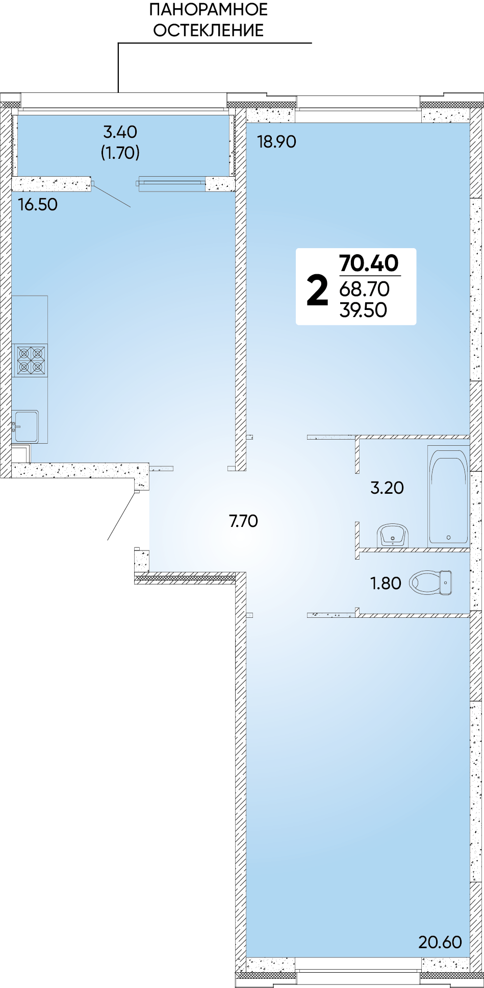 Квартира этаж 2, площадь 70.40 м2