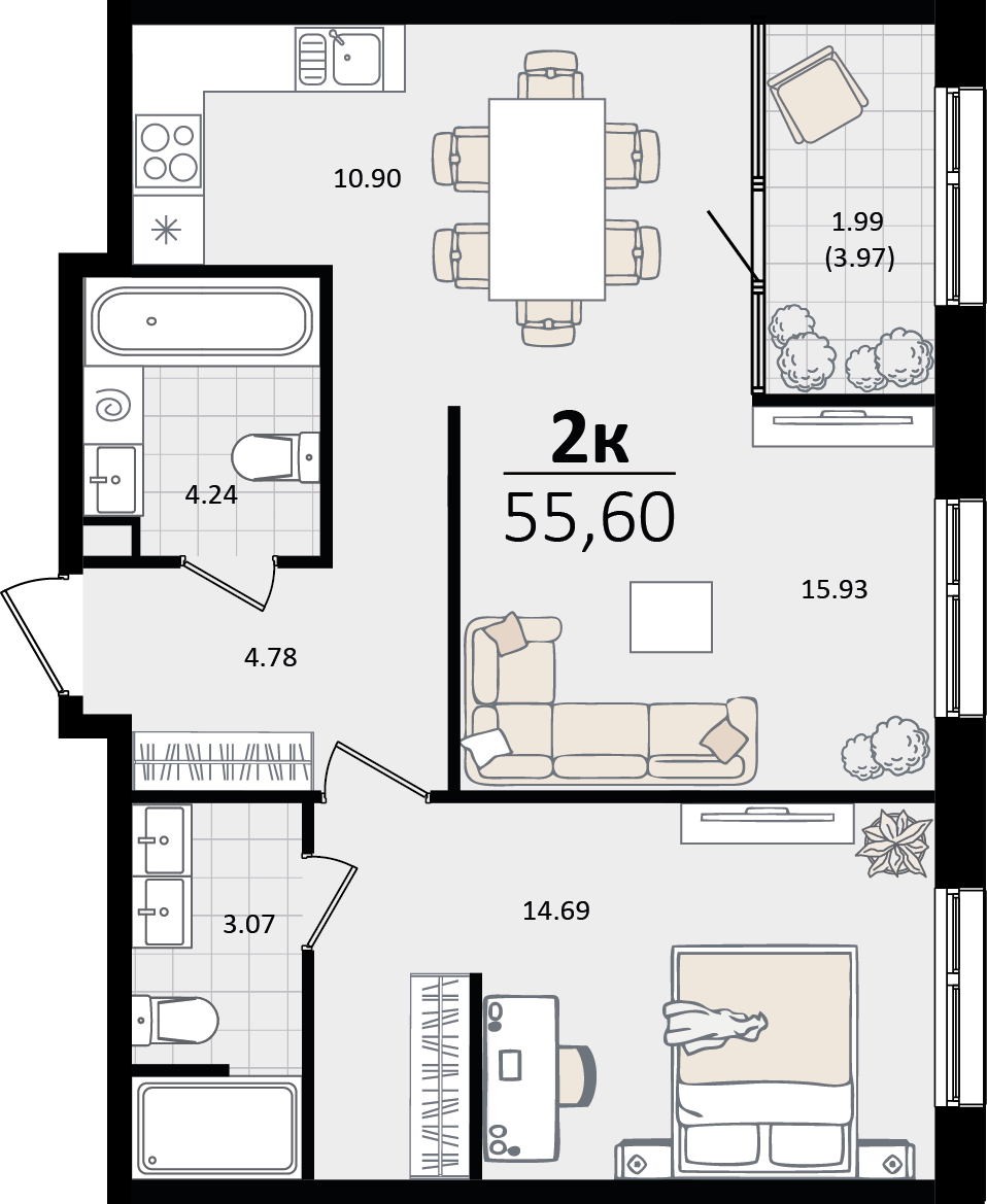 Квартира этаж 3, площадь 55.60 м2