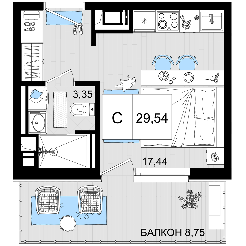 Квартира этаж 2, площадь 29.54 м2