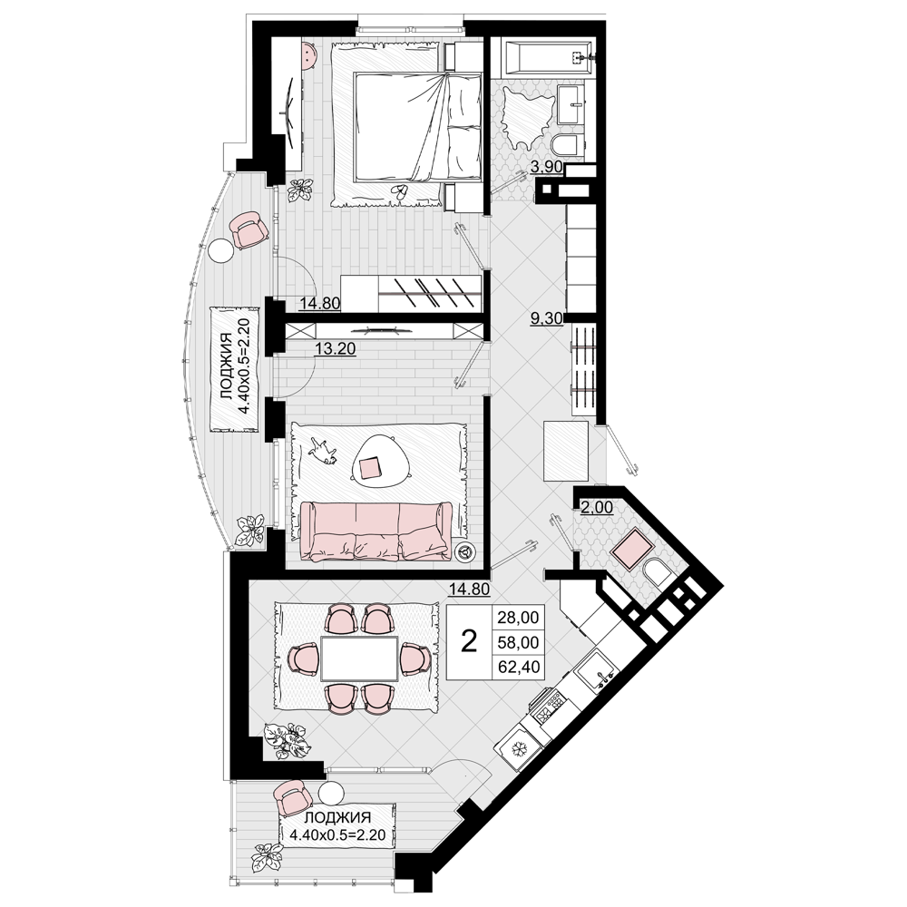 Квартира этаж 11, площадь 62.40 м2