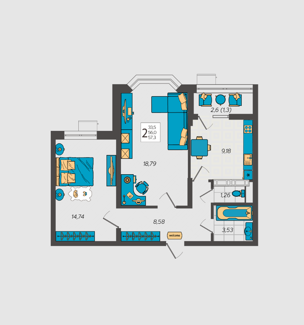 Квартира этаж 2, площадь 57.30 м2