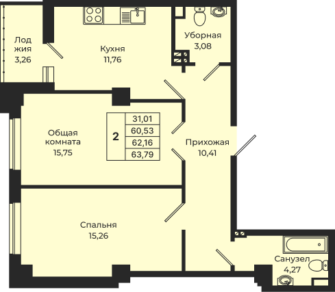 Планировка: 2-комн. квартира 64 м²