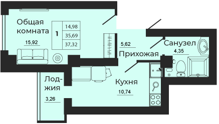 Планировка: 1-комн. квартира 37,3 м²