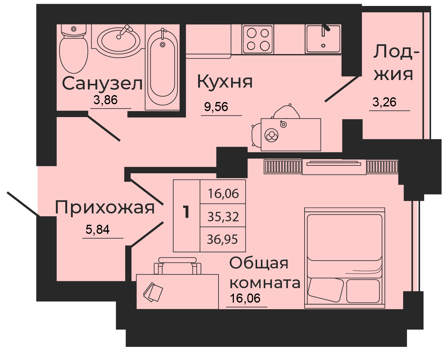 Планировка: 1-комн. квартира 37 м²