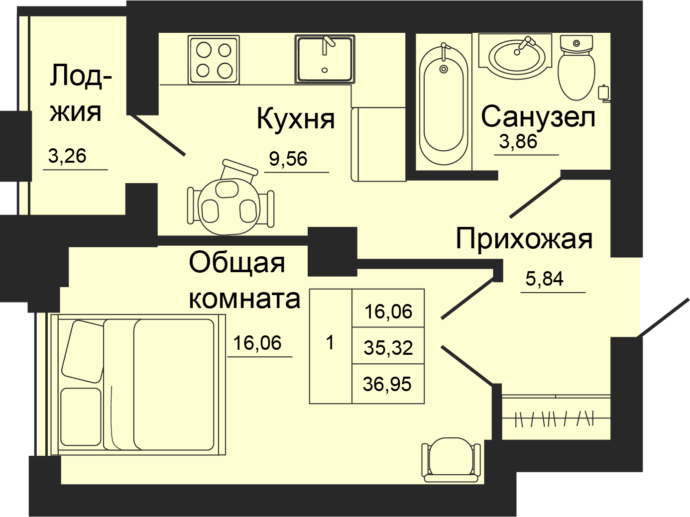 Планировка: 1-комн. квартира 37 м²