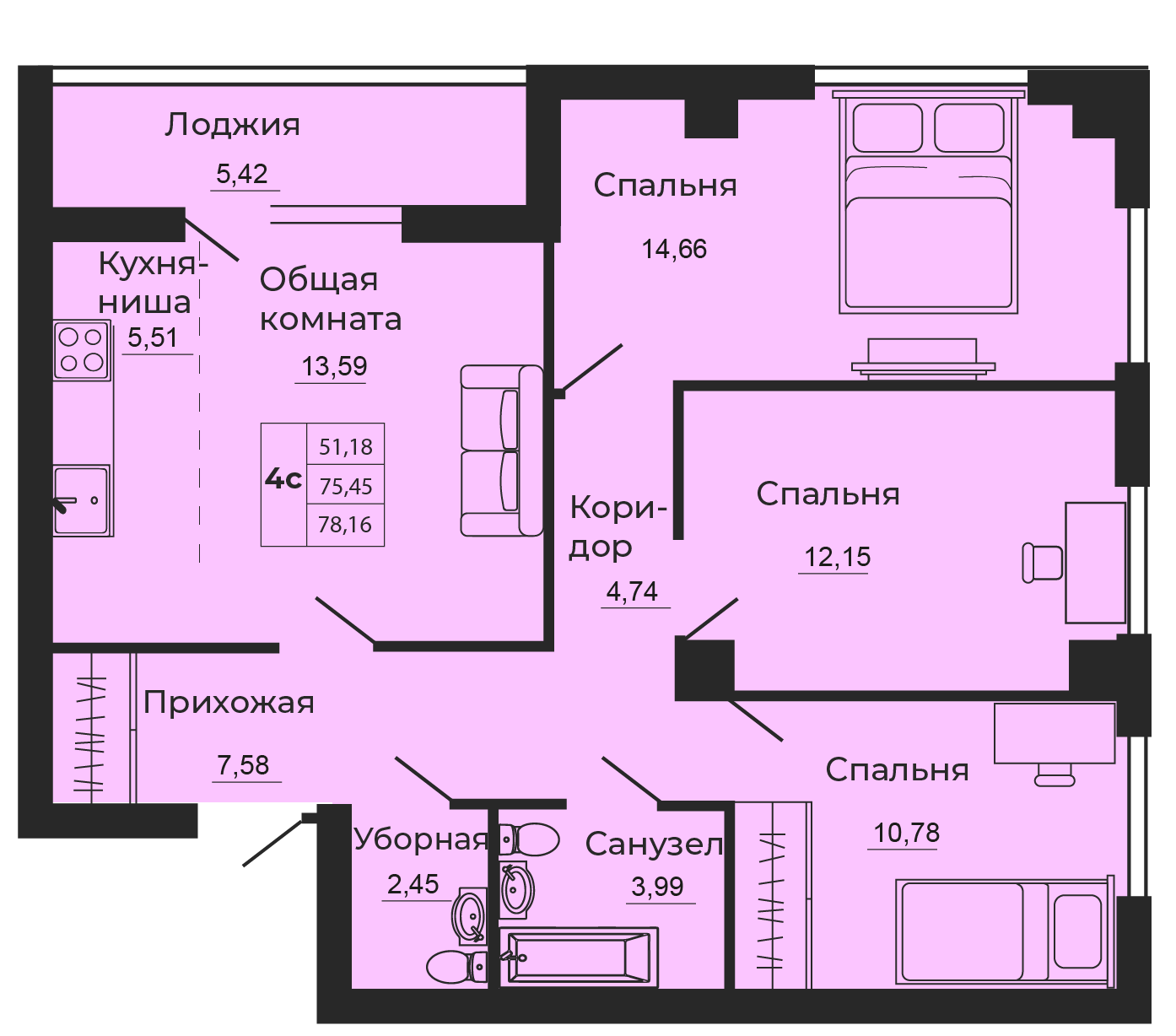Планировка: 4-комн. квартира 78,2 м²