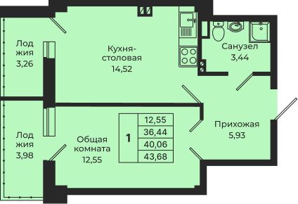 Планировка: 1-комн. квартира 43,3 м²