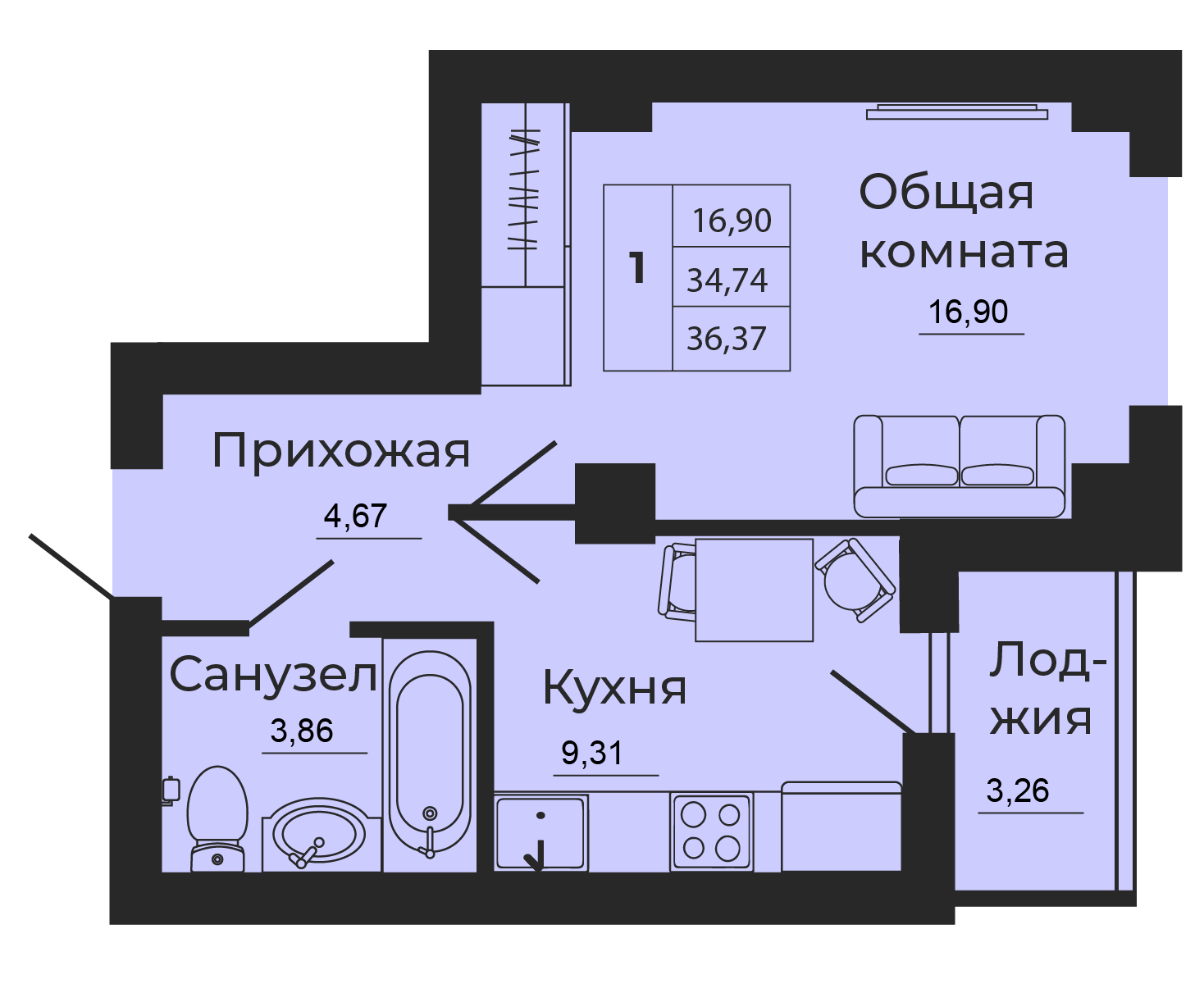 Планировка: 1-комн. квартира 36,4 м²