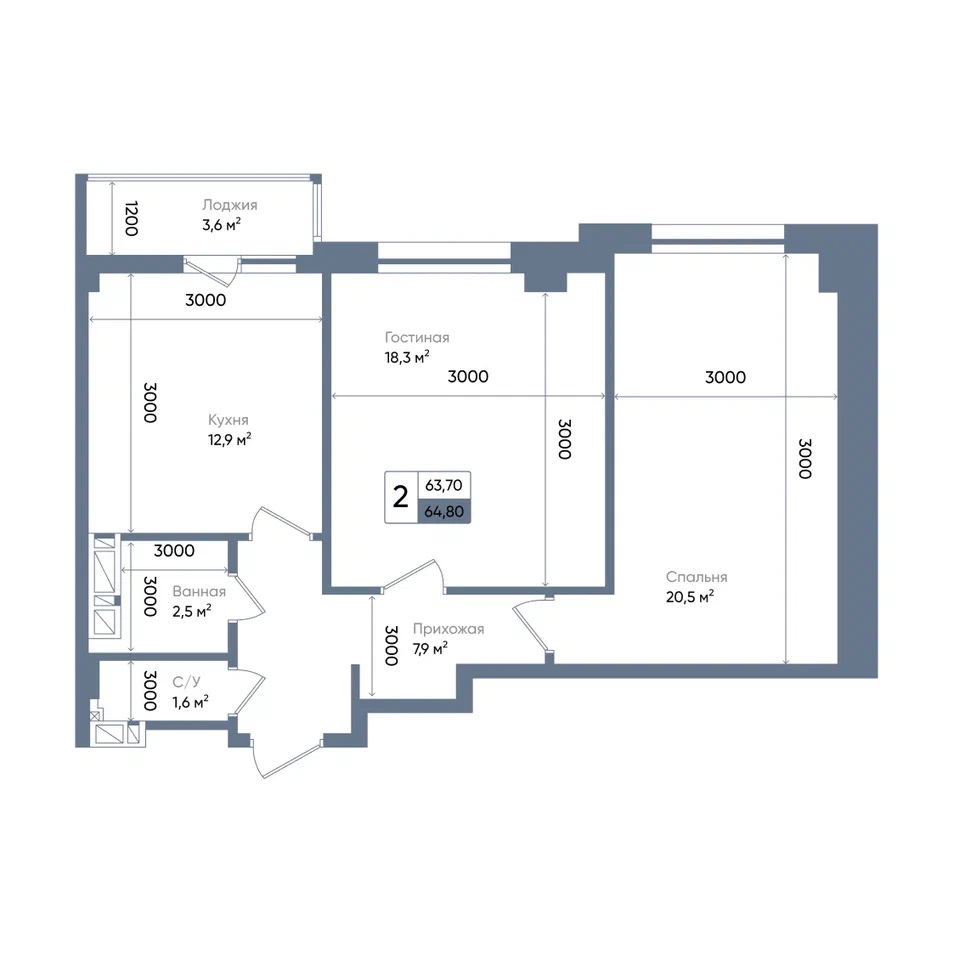 Планировка 2-комнатная 66,8 м²