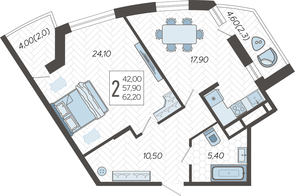 Планировка 2-комнатная 62,6 м²