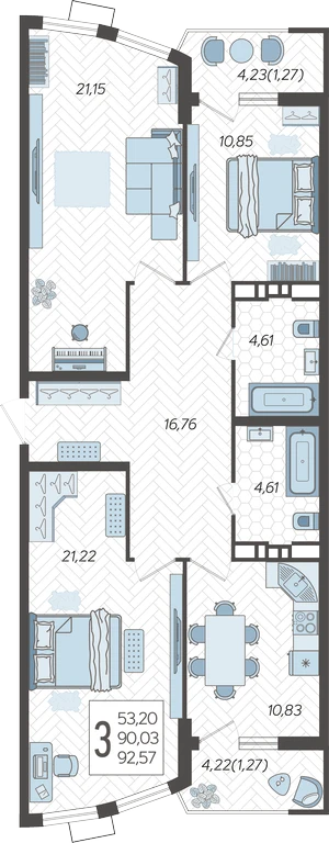 Планировка: 3-комн. квартира 92,6 м²