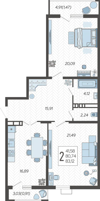 Планировка: 2-комн. квартира 83,1 м²