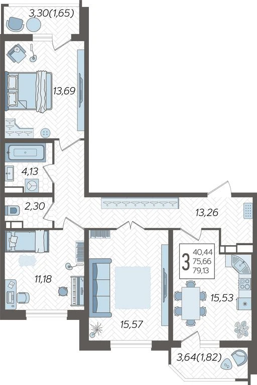 Планировка 3-комнатная 81,25 м²