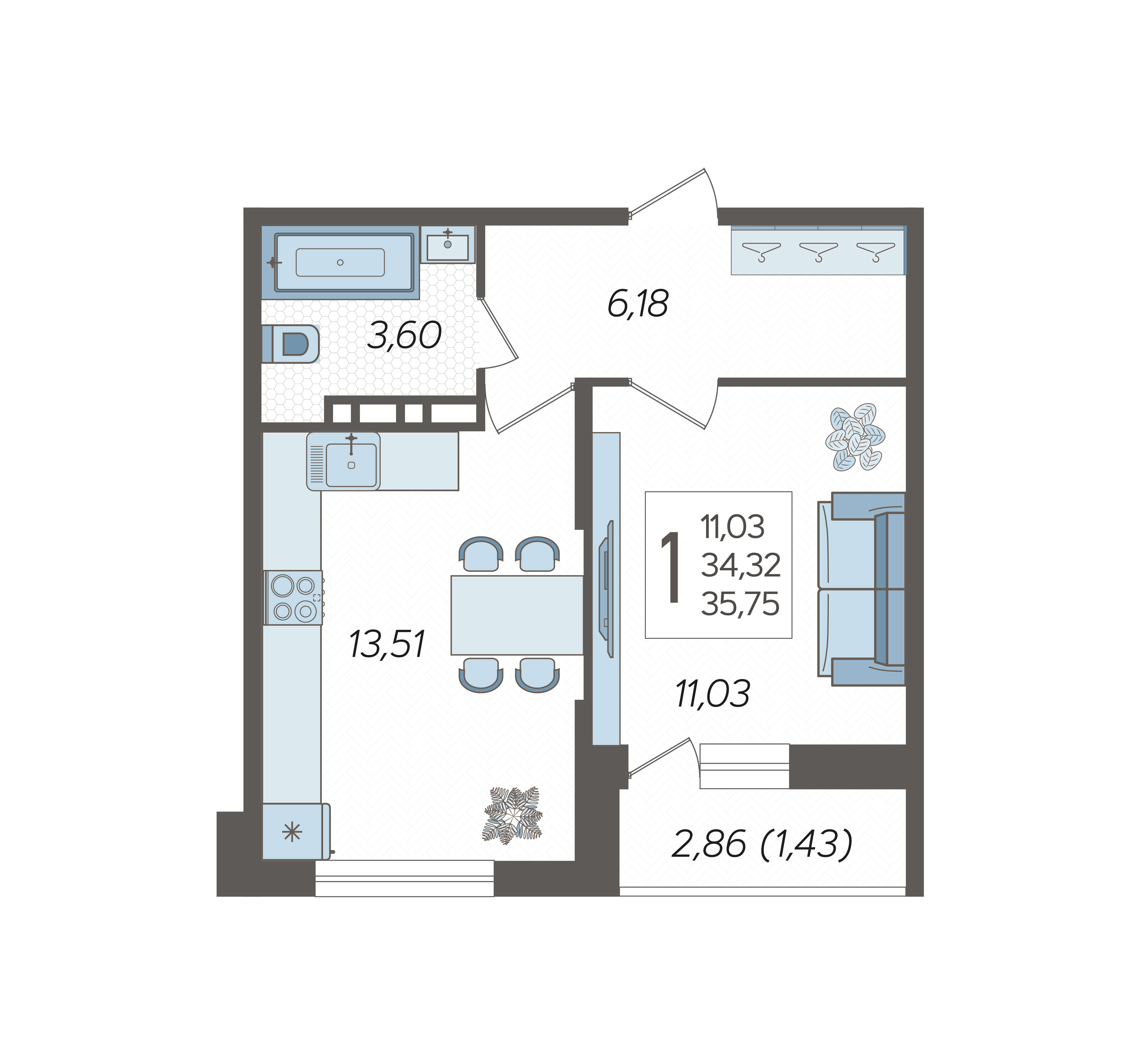 Планировка 1-комнатная 35,75 м²