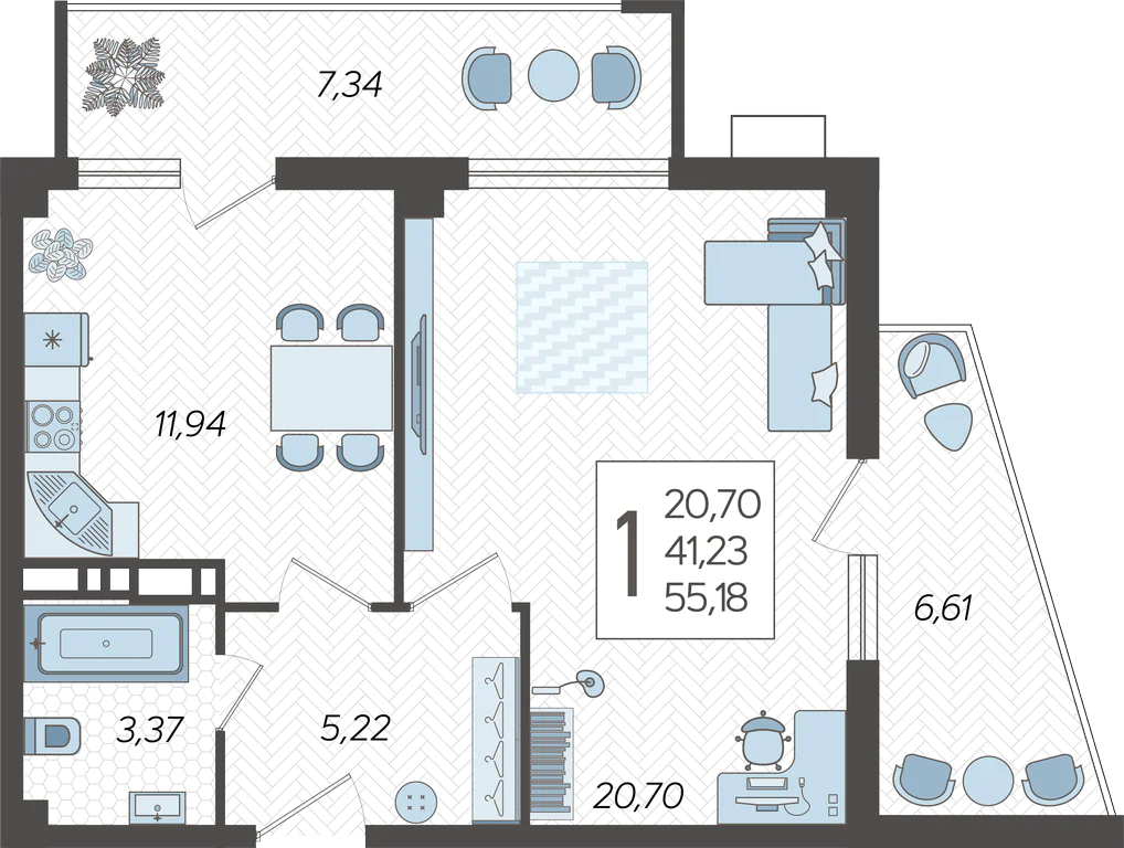 Планировка 1-комнатная 55,18 м²