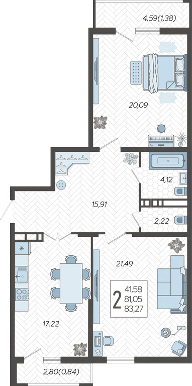 Планировка 2-комнатная 83,27 м²