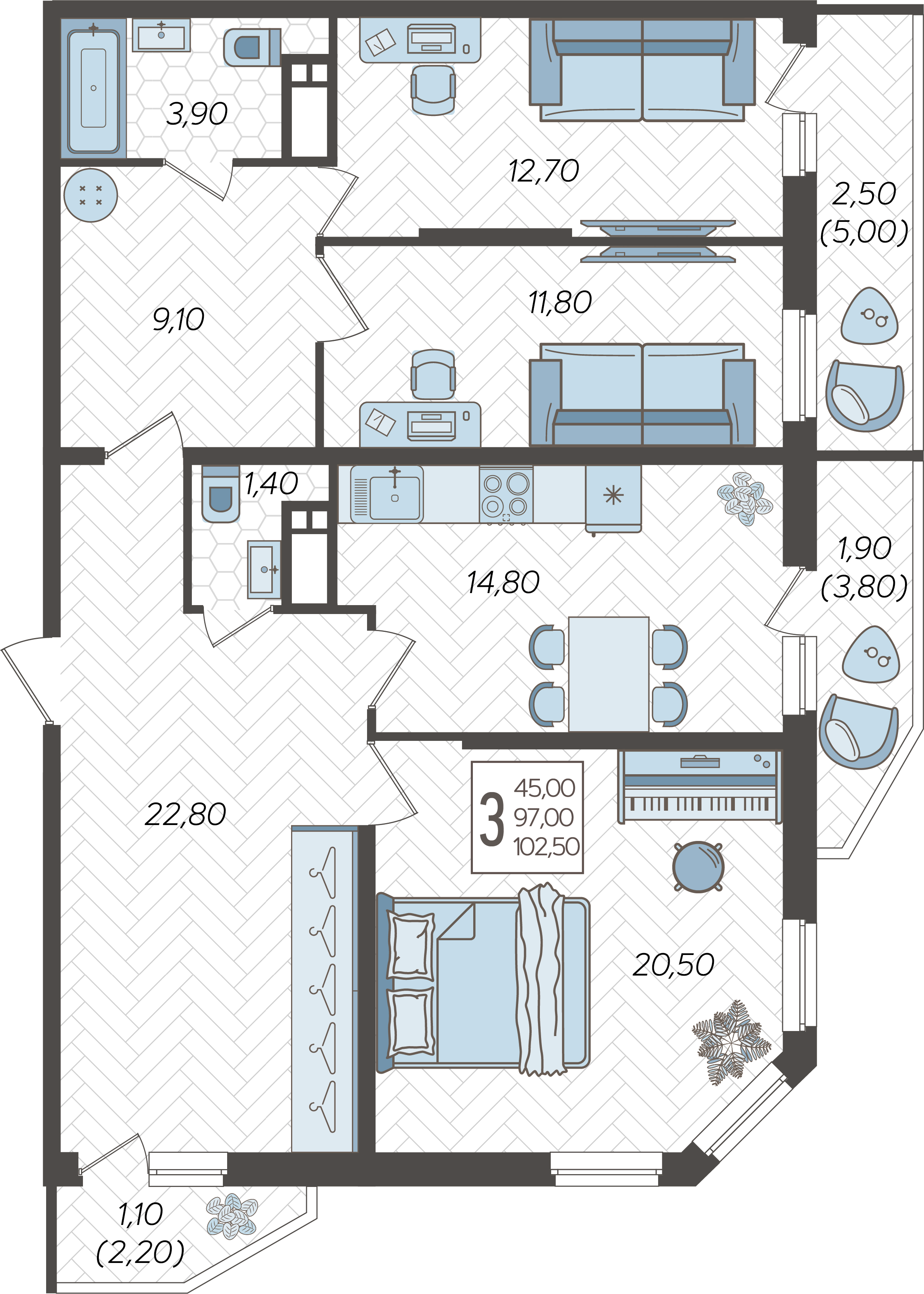 Планировка 3-комнатная 103,4 м²