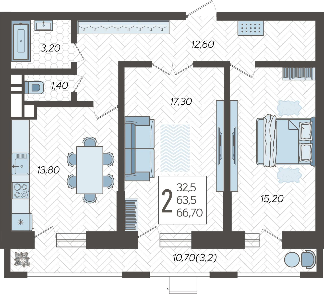 Планировка 2-комнатная 68,01 м²