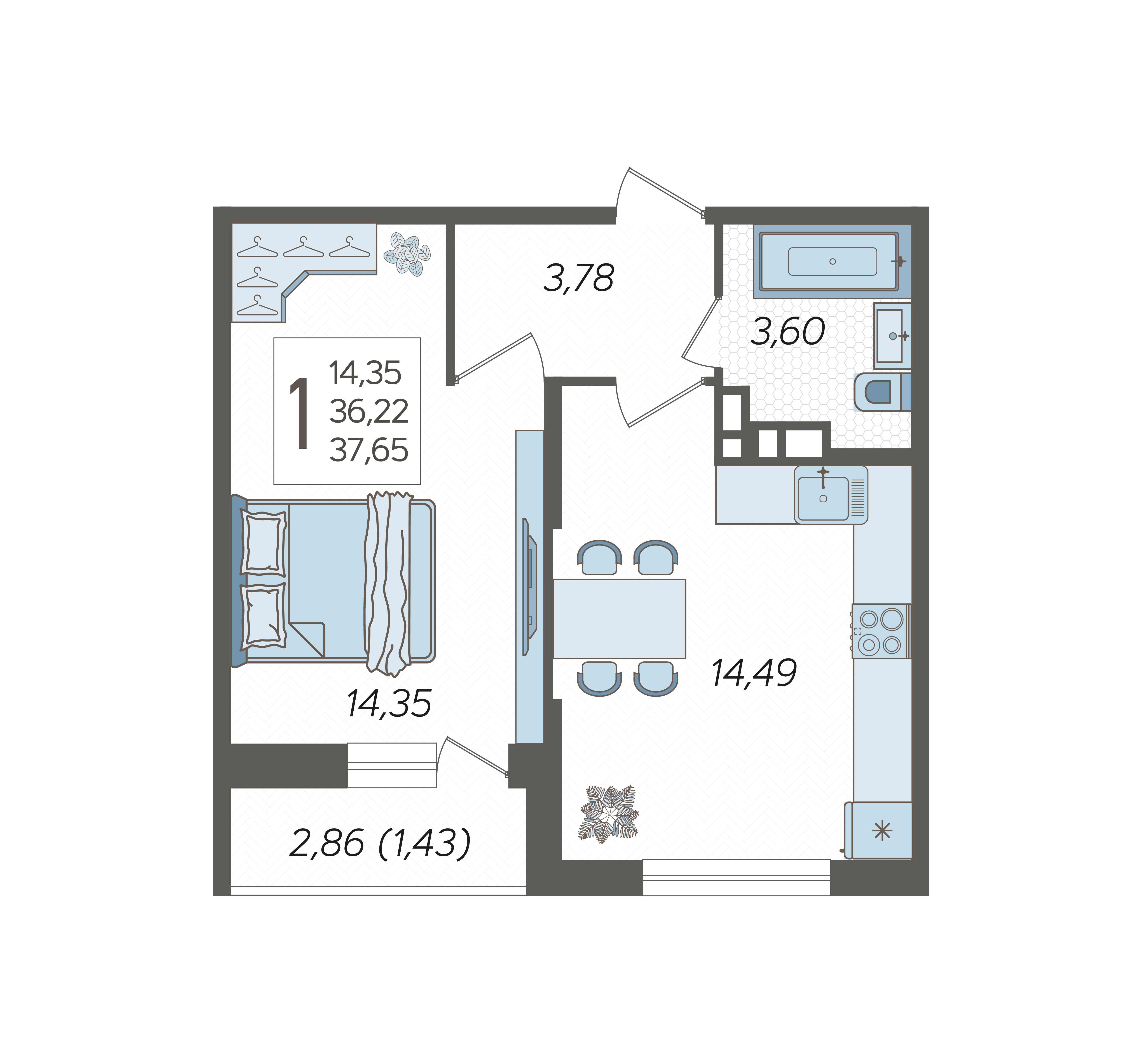 Планировка 1-комнатная 37,65 м²