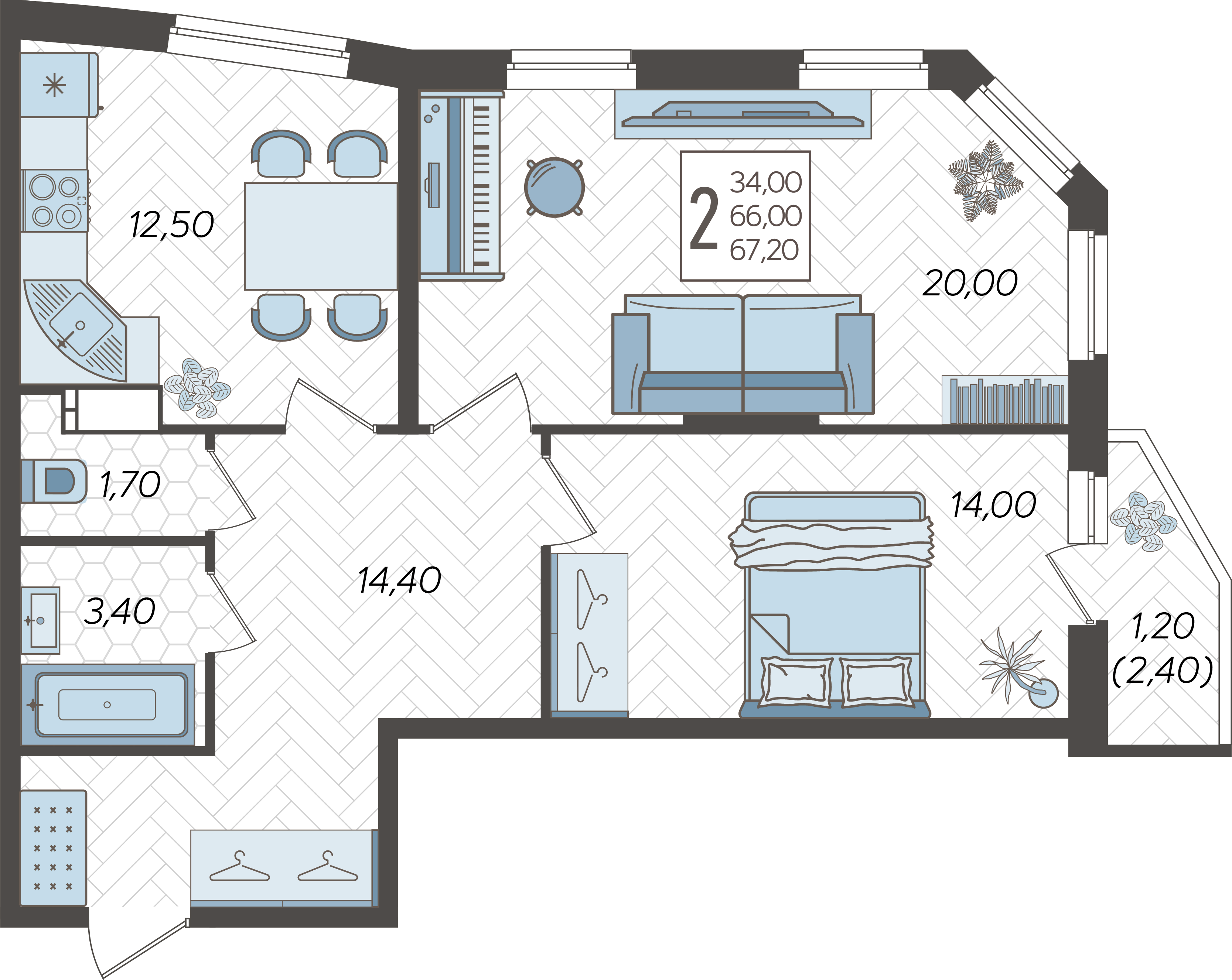 Планировка 2-комнатная 67,3 м²