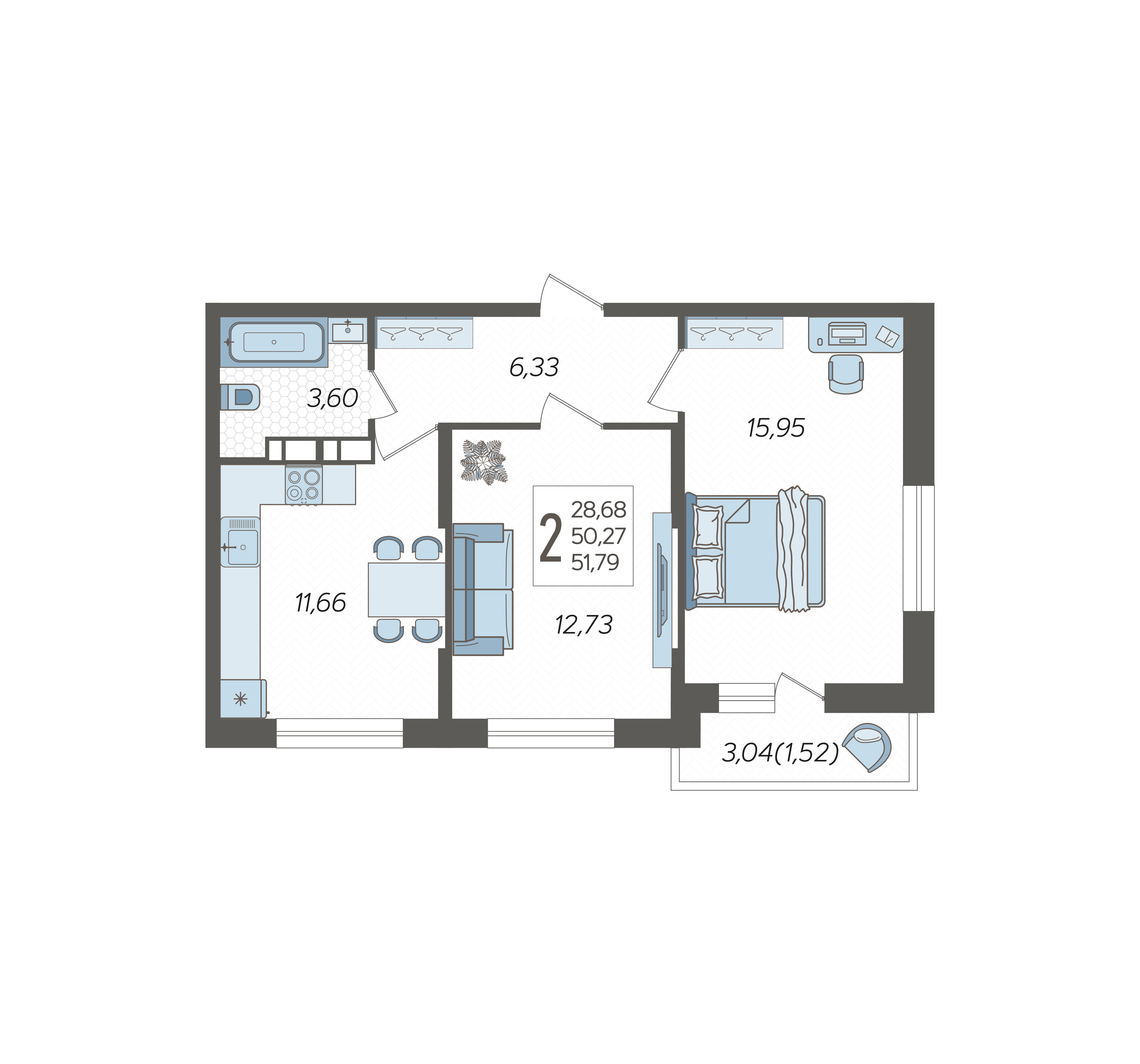 Планировка: 2-комн. квартира 51,5 м²