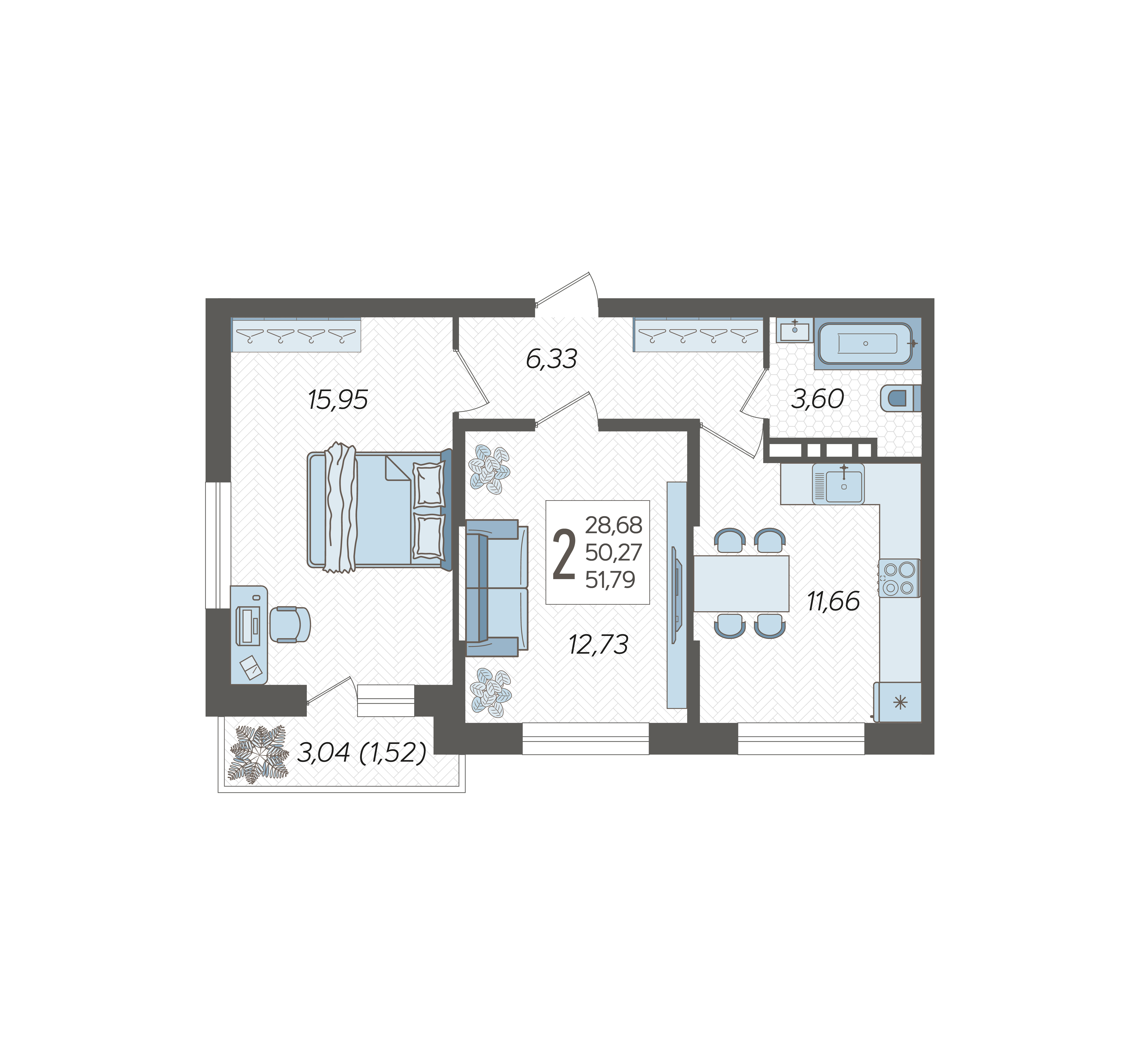 Планировка 2-комнатная 51,79 м²