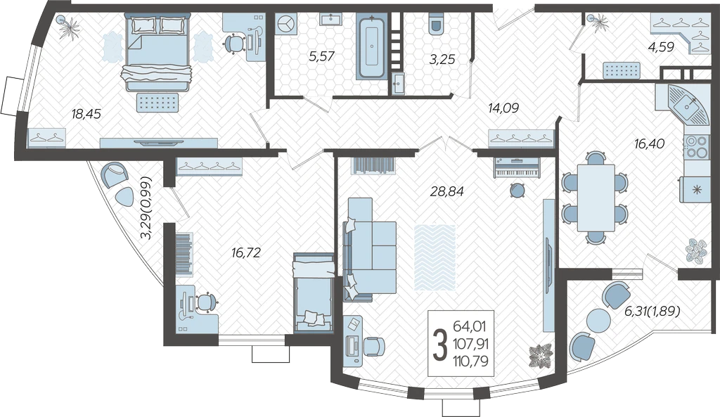 Планировка 3-комнатная 110,79 м²