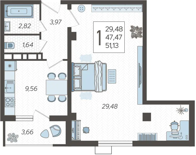 Планировка 1-комнатная 51,13 м²