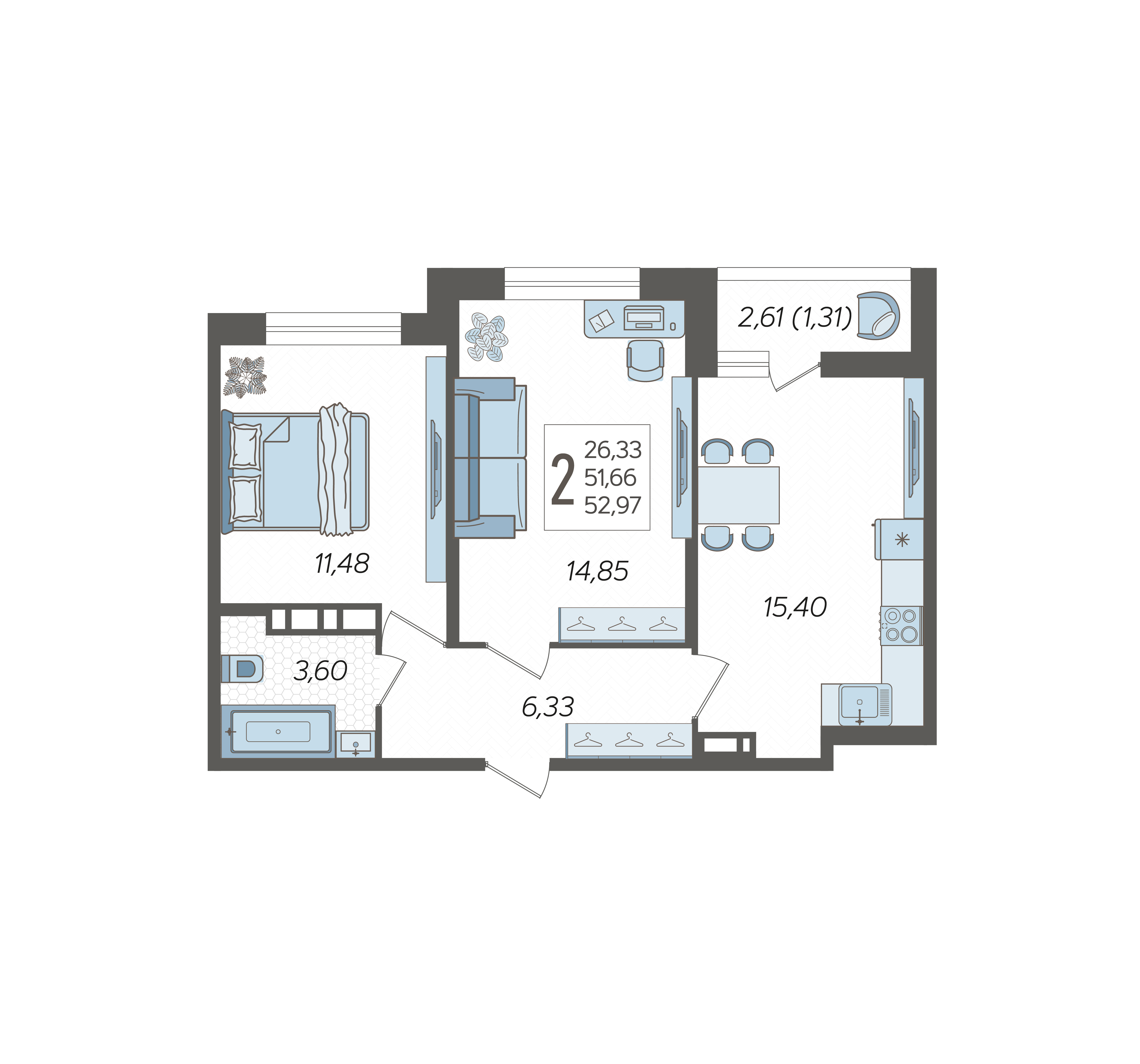 Планировка 2-комнатная 52,97 м²