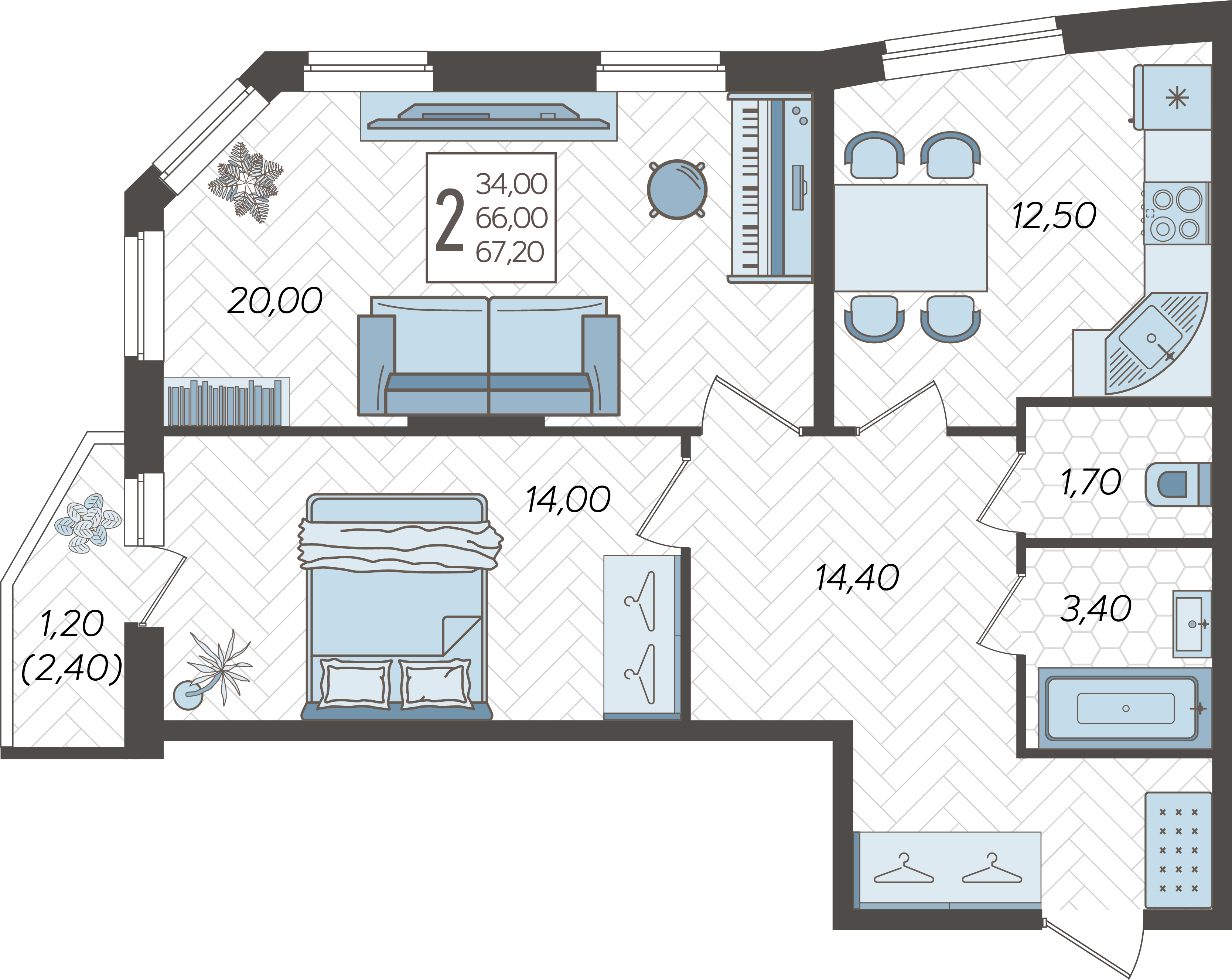 Планировка 2-комнатная 68 м²