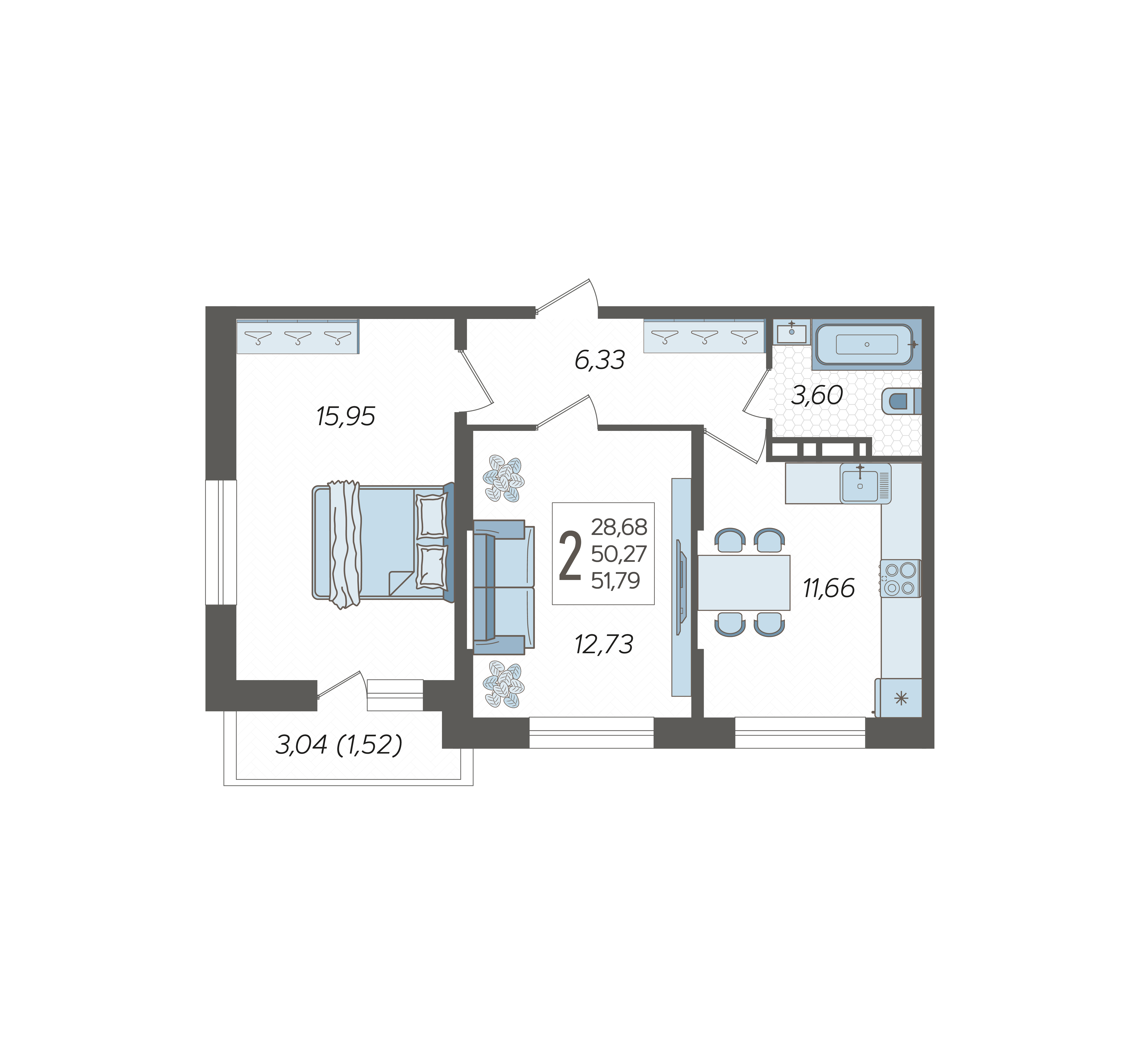 Планировка: 2-комн. квартира 51,8 м²