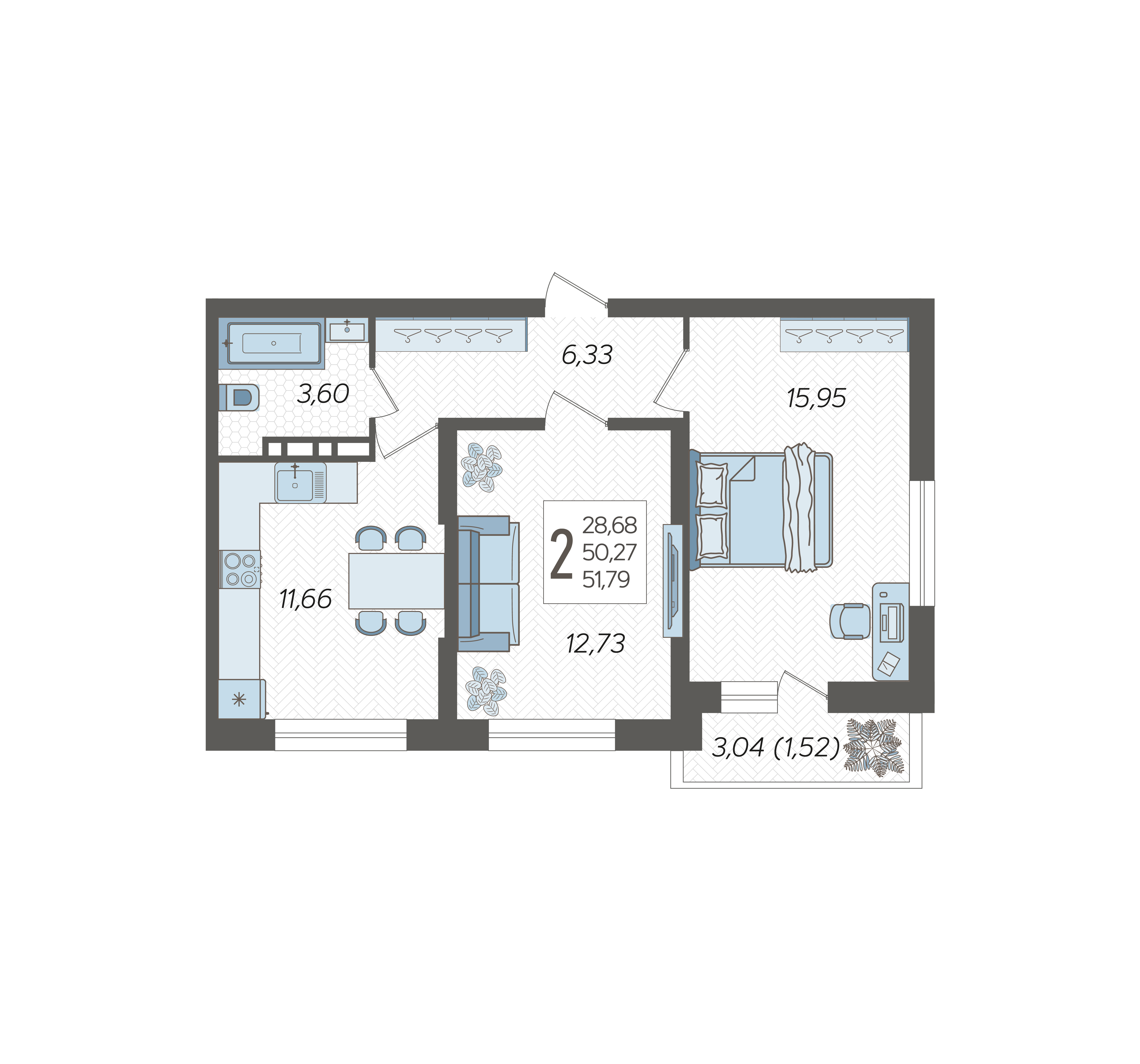Планировка: 2-комн. квартира 51,8 м²